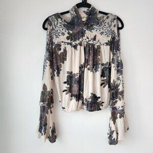Free People Floral Halter Boho Blouse Top Shirt Peasant Linen Blend Women's M